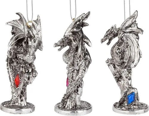 Miniatura 2 de Design Toscano - Juego de adornos de 3 dragones de Amesbury montados en piedras preciosas, color plateado, Navidad