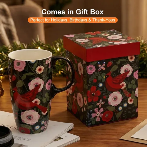 Miniatura 8 de Topadorn Taza de café de cerámica, taza de viaje de porcelana con tapa y asa, taza de café grande para hombres y mujeres, trabajo de oficina, Pájaro