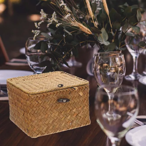 Miniatura 8 de Yardwe Cesta de almacenamiento tejida rectangular de la cubierta de la caja del tejido del pañuelo-ahorro de espacio