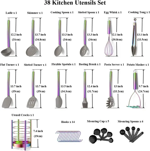 Miniatura 2 de Juego de utensilios de cocina de silicona de 38 piezas con recipientes para utensilios, cabeza de silicona y mango de acero inoxidable, batería