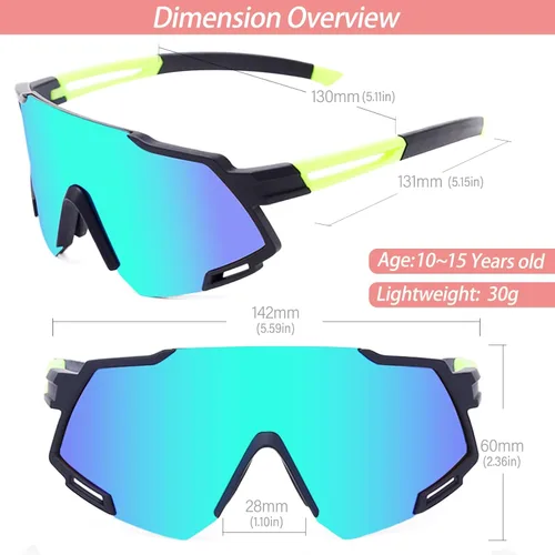 Miniatura 5 de Youth Viper Polarized Sunglasses for Kid Boys Girls Age 10-15 4 Interchangeable Lenses UV400 Glasses for Cycling Baseball Azul + verde