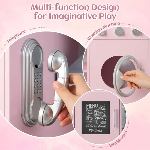 Miniatura 5 de INFANS Juego de cocina de madera para niños, juego de cocina de simulación para niños pequeños con luz y sonido realistas, estufa, fregadero