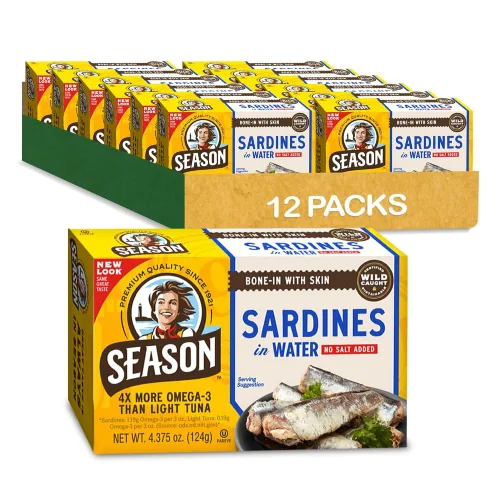 Miniatura 10 de Season Sardinas en aceite de oliva – capturadas en la naturaleza, 0.78 oz de proteína, bocadillos Keto, más Omega 3 que atún, Kosher, alto