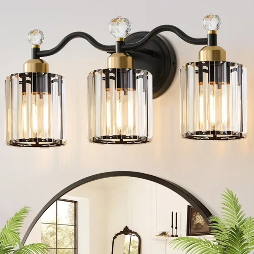 Moderna lámpara de cristal para tocador de baño, 3 luces negras y doradas, lámparas de tocador sobre espejo, lámpara de pared de vidrio para