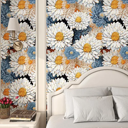 Miniatura 4 de ReWallpaper Papel tapiz floral grande para despegar y pegar, papel tapiz vintage de margaritas azules y blancas para habitación de niñas, pintura al