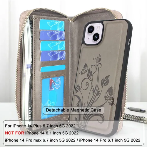 Miniatura 2 de Funda compatible con iPhone 15 Plus/iPhone 14 Plus, Crossbody con doble cremallera desmontable de cuero tipo cartera funda para teléfono