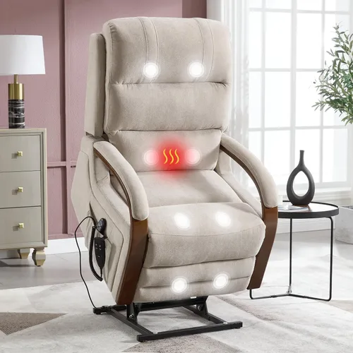 Silla reclinable eléctrica para personas mayores, silla elevadora de doble motor con masaje por vibración y calor, reclinable plano con reposabrazos