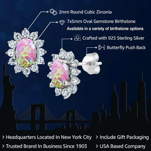Miniatura 296 de Gem Stone King Aretes ovalados de plata de ley 925 de 0.276 x 0.197 in con piedra natal de la princesa Diana, estilo halo real para mujeres