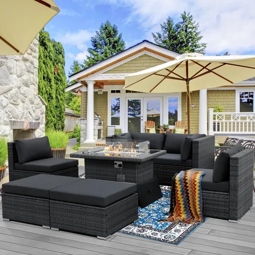 NICESOUL Juego de muebles de patio modernos y extra grandes de 7 piezas con hoguera, cómodos juegos modulares para 6 personas para exteriores, sofá