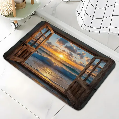 Miniatura 2 de Alfombra de baño con puerta de madera marrón con diseño de océano, playa, paisaje hawaiano, olas de mar, estilo retro, granero, tablón de madera