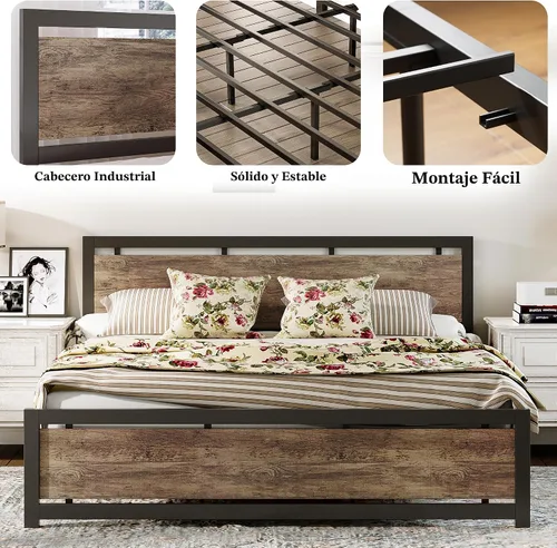 Miniatura 4 de LIKIMIO - Base de cama tamaño King con cabecero y pie de cama, soportes metálicos resistentes, fácil montaje, libre de ruidos, no necesita somier