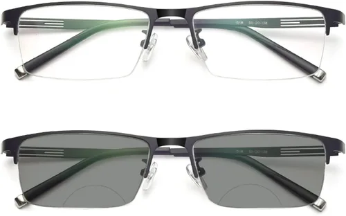 Negocios Casual Hombres Ultraligero Metal Cuadrado Medio Marco Transición Bifocal Lente Gris Gafas de Lectura Presbíopes