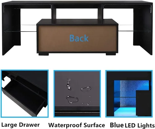 Miniatura 5 de Soporte de TV para televisores de más de 55 pulgadas, soporte de TV negro con cajón de almacenamiento, centro de entretenimiento LED para consola