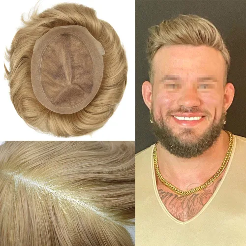 Miniatura 47 de LYRICAL HAIR Sistema de cabello humano Remy de encaje francés súper fino para hombre, piel de poliéster transparente alrededor de las pelucas, tupé