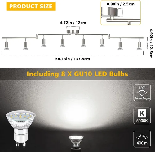 Miniatura 3 de Kit de iluminación LED de pista Unicozin, iluminación de techo de 8 direcciones con acabado de níquel mate, cabezal de luz flexible giratorio, luz