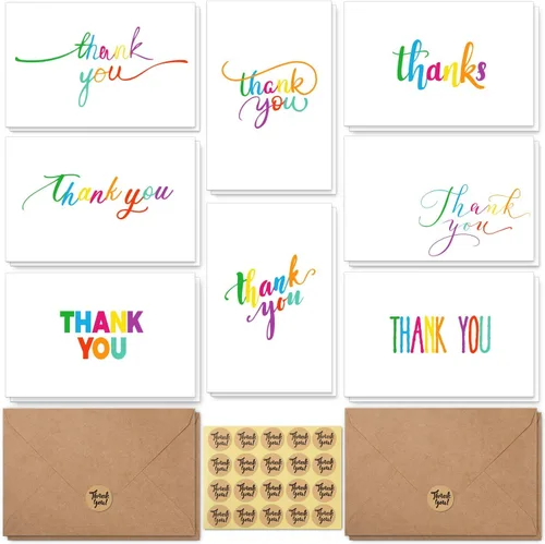 Ohuhu 144 tarjetas de agradecimiento a granel con sobres, juego de notas de agradecimiento con elegantes 8 diseños de arcoíris coloridos, tarjeta de