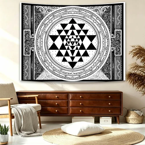 Miniatura 2 de SHRAPHY Tapiz Sri Yantra de 60 x 40 pulgadas, tapiz de meditación sentado, geometría sagrada, tapiz de arte blanco y negro para colgar en la pared