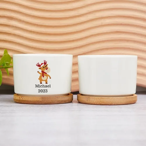Miniatura 2 de Maceta de Navidad personalizada con nombre de bebé, macetas divertidas de ciervos de Navidad, maceta de cerámica para suculentas con bandeja