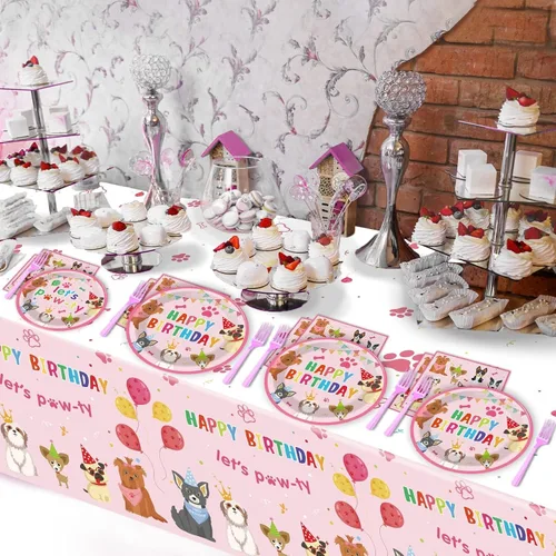 Miniatura 6 de Juego de 98 piezas de decoración de fiesta de cumpleaños de perro, juego de vajilla para cachorros, platos, servilletas, mantel con temática