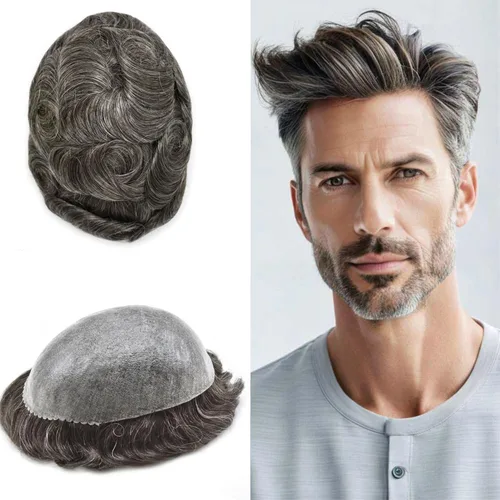 Miniatura 16 de Mens Toupee Hair System para hombres Piezas de pelo Sistema de reemplazo Poly Skin Toupee para hombres Protesis Capilar Para Hombre 6X8#1 Jet Black