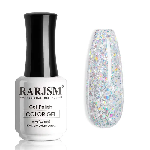 Miniatura 12 de RARJSM Esmalte de uñas de gel con purpurina de nieve, diamante brillante, gel de uñas de color blanco lechoso con pigmentos plateados y brillantes