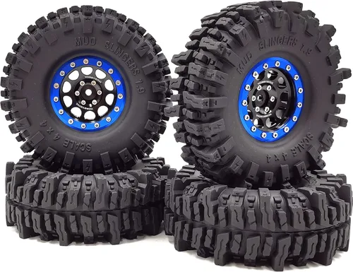 HOBBYSOUL Neumáticos de 4.724 in de alto 1.9 de lodo T8 suaves pegajosos y ruedas Beadlock 1.9 llantas negro azul para RC 1/10 Rock Crawler SCX10