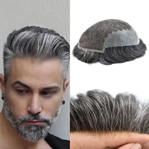Miniatura 81 de Mens Toupee Swiss Lace Mens Hair Piece Sistema de reemplazo de cabello para hombres Toupee para hombres Cabello humano nudo blanqueado protesis