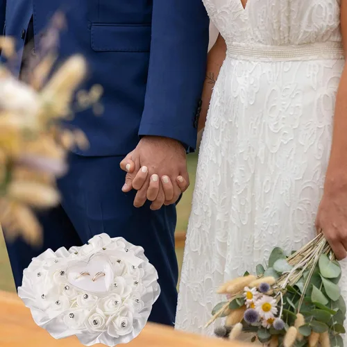 Miniatura 5 de Framendino, Forma de corazón blanco anillo de boda almohada elegante decoración cojín portador caja con lazo de cinta