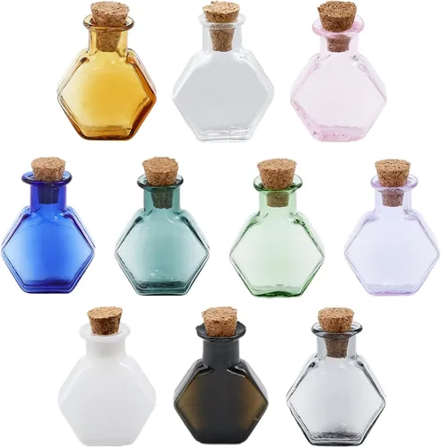 CHGCRAFT Mini botellas de vidrio hexagonales de 10 colores, casa de muñecas, botellas de corcho de vidrio en miniatura, botellas de deseos vacías de