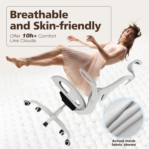 Miniatura 7 de GABRYLLY Silla de oficina ergonómica de malla - silla de escritorio blanca, reposabrazos abatible, reposacabezas ajustable, inclinable con asiento