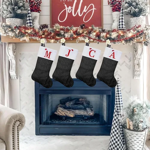 Miniatura 4 de Medias de Navidad personalizadas de 19 pulgadas con iniciales bordadas, medias de Navidad de punto negro para decoraciones de vacaciones familiares
