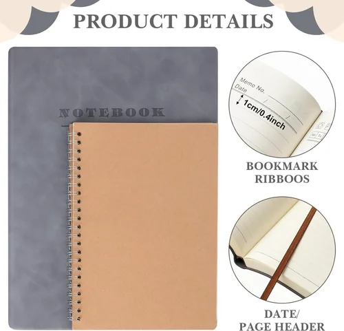 Miniatura 3 de SATINIOR - Paquete de 5 cuadernos A4 grandes, diario de 360 páginas, tapa dura de cuero suave, cuadernos con papel grueso rayado para escribir, Gris