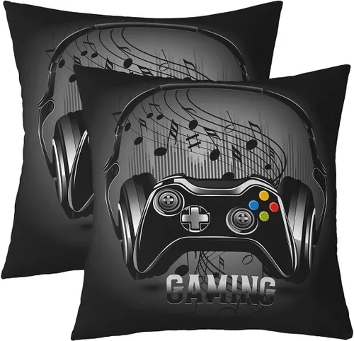 Juego de 2 fundas de almohada con estampado de consola de videojuegos, para el hogar, sala de estar, notas temáticas musicales reversibles, color