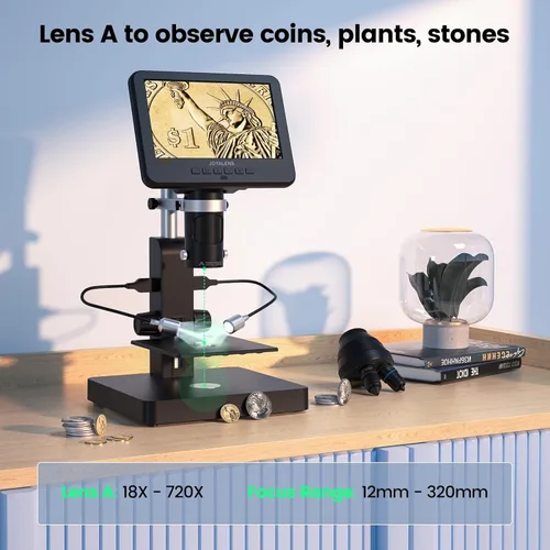 Miniatura 5 de JL246PS Microscopio digital HDMI de 3 lentes de 7 pulgadas 4000X, microscopio biológico para adultos y niños con diapositivas preparadas, video UHD
