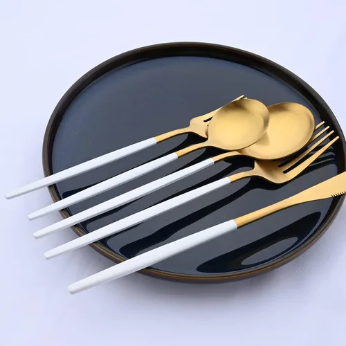 Miniatura 3 de Juego de cubiertos de oro mate y blanco, 5 piezas, juego de vajilla de acero inoxidable 18/10, servicio para 1, juego de utensilios de cocina, juego