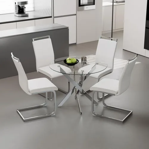 Miniatura 16 de Juego de mesa de comedor redonda de vidrio templado para 4, juego de mesa de cocina moderna de 5 piezas con 4 sillas tapizadas para cocina y comedor