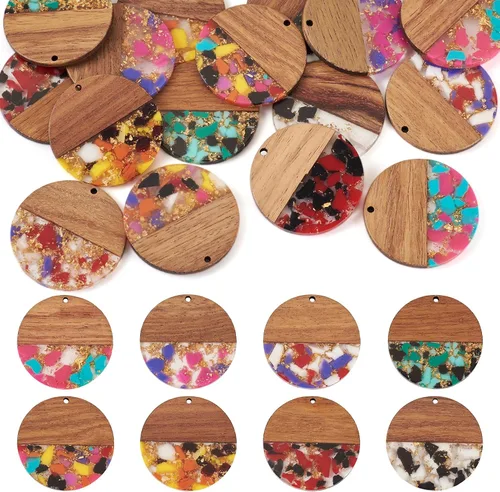 Miniatura 27 de Beadthoven - Dijes de madera de resina para bricolaje, colgantes de aretes de lágrima multicolor, triángulo, círculo redondo, rombo, barra
