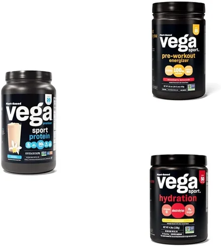 Vega Sport Routine Bundle - Proteína en polvo de vainilla premium (20 porciones) de limonada de fresa y preentrenamiento (25 porciones) e