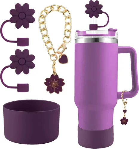 Miniatura 11 de Accesorios para juego de tazas Stanley, 2 tapas de paja de flores reutilizables de 0.394 pulgadas (0.394 in), 1 dije de mango lindo y 1 funda