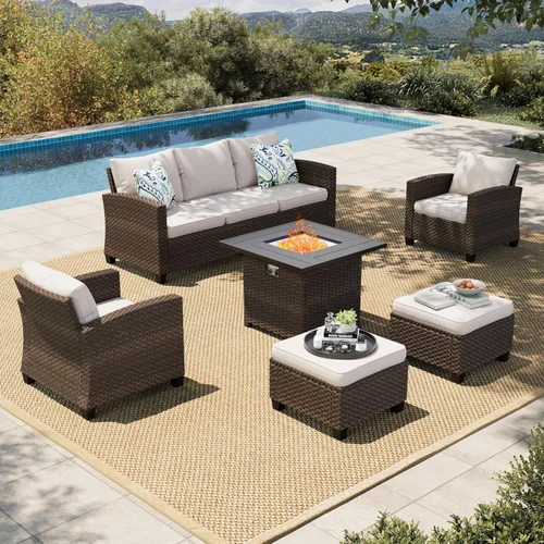 Miniatura 31 de HERA'S HOUSE Juego de muebles para patio, muebles de mimbre para exteriores con fogata, 8 piezas de sofás de conversación para exteriores con Beige
