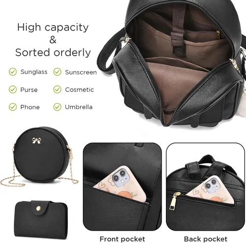 Miniatura 4 de Fahsion - Juego de 3 piezas de mochila de cuero para mujer, mochila para mujer, bolsa de libros para adolescentes y niñas