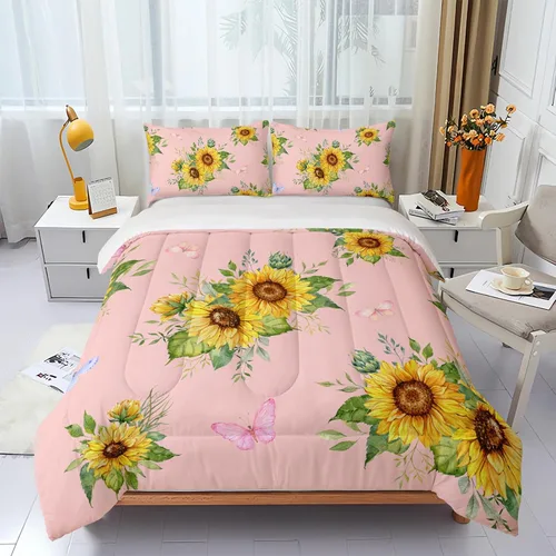 Miniatura 3 de Nttopship Juego de edredón rosa con girasol, tamaño completo para mujeres adultas, juego de ropa de cama floral de mariposa de 3 piezas, edredones
