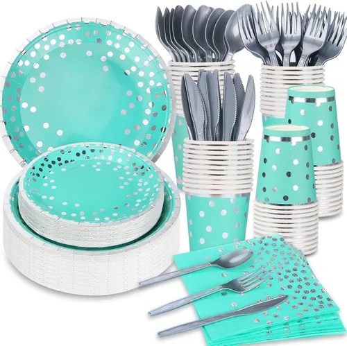 Suministros de fiesta verde azulado y plateado, 140 piezas de vajilla desechable de lunares plateados, platos de papel verde azulado, servilletas,