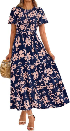 Miniatura 21 de PRETTYGARDEN - Vestido largo casual de verano para mujer, manga corta acampanada, bohemio, floral, cuello redondo, vestido blusón, escalonado