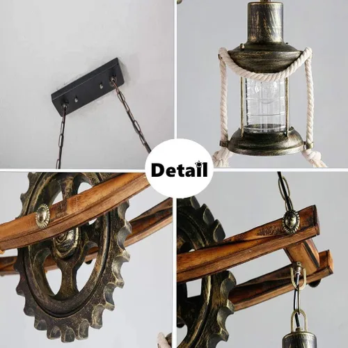 Miniatura 7 de Iluminación Colgante Retro de Madera Lámpara de Araña Industrial Vintage de Metal Negro Dormitorio Restaurante Lámpara de Suspensión Marco de Jaula