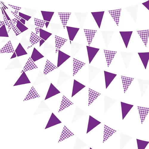 Miniatura 22 de Banderín blanco a cuadros amarillos de 32 pies con banderines de tela a cuadros de tela a cuadros triangulares para picnic, barbacoa, abeja