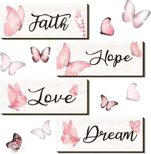 Miniatura 9 de Gerrii 4 piezas de decoración de pared de fe, esperanza, amor, sueño, elegante, primavera, mariposa, madera, decoración para colgar en la Morado