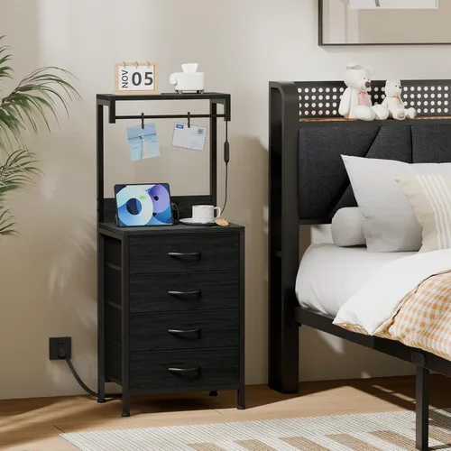 Miniatura 2 de Furnulem Mesita de noche alta con estación de carga, mesitas de noche con luces LED y estantes de almacenamiento, mesa auxiliar de cama para Roble