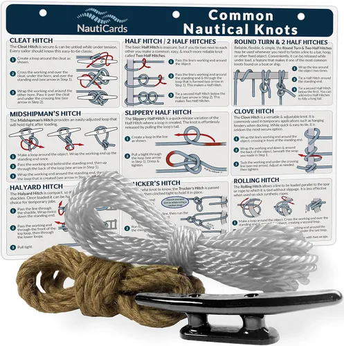Kit de atado de nudos náuticos de lujo, tacos de barco de 6 pulgadas, cuerdas de yute y poliéster, y guía náutica impermeable para 21 nudos de vela