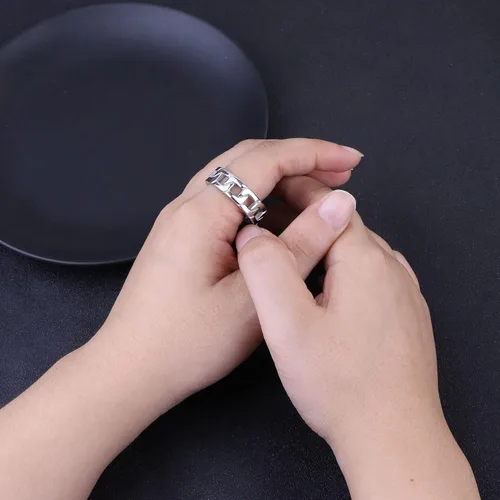 Miniatura 6 de JeryWe Juego de 9 anillos de acero inoxidable para hombre, anillos de cadena trenzados, abridor de cerveza, giratorios, vintage, para hombre, negro